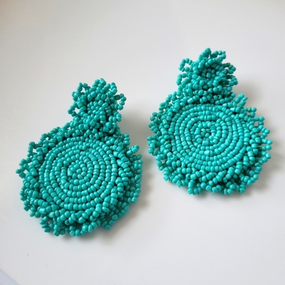 • Circular Beaded Pierced Earrings • Big & Bold • Turquoise
